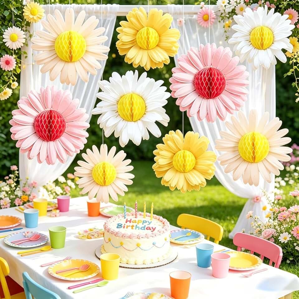 SUNBEAUTY Daisy Flower Hanging Decoration 9Pcs Pink and Yellow Daisy Honeycomb Paper Flower Decorations for Spring Summer Wall Birthday Wedding Classroom Backdrop Garden Tea Party Decor