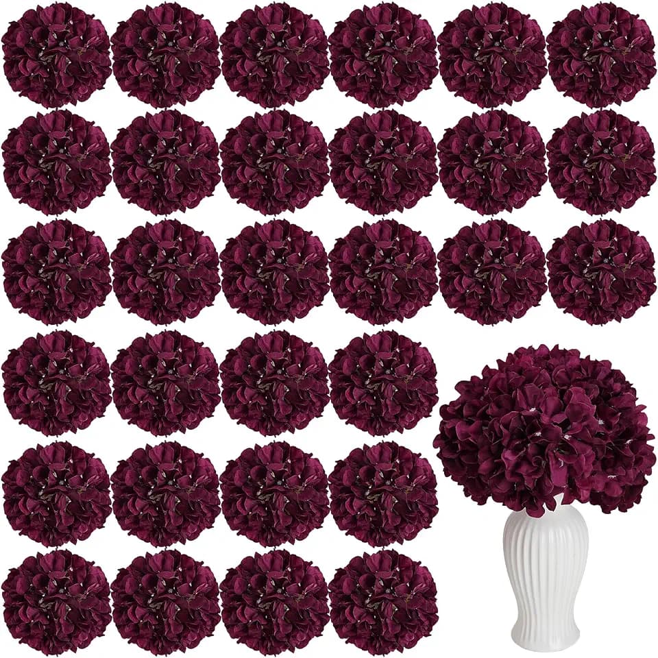 Burgundy Hydrangea Artificial Flowers Bulk with Stems 64 Pcs