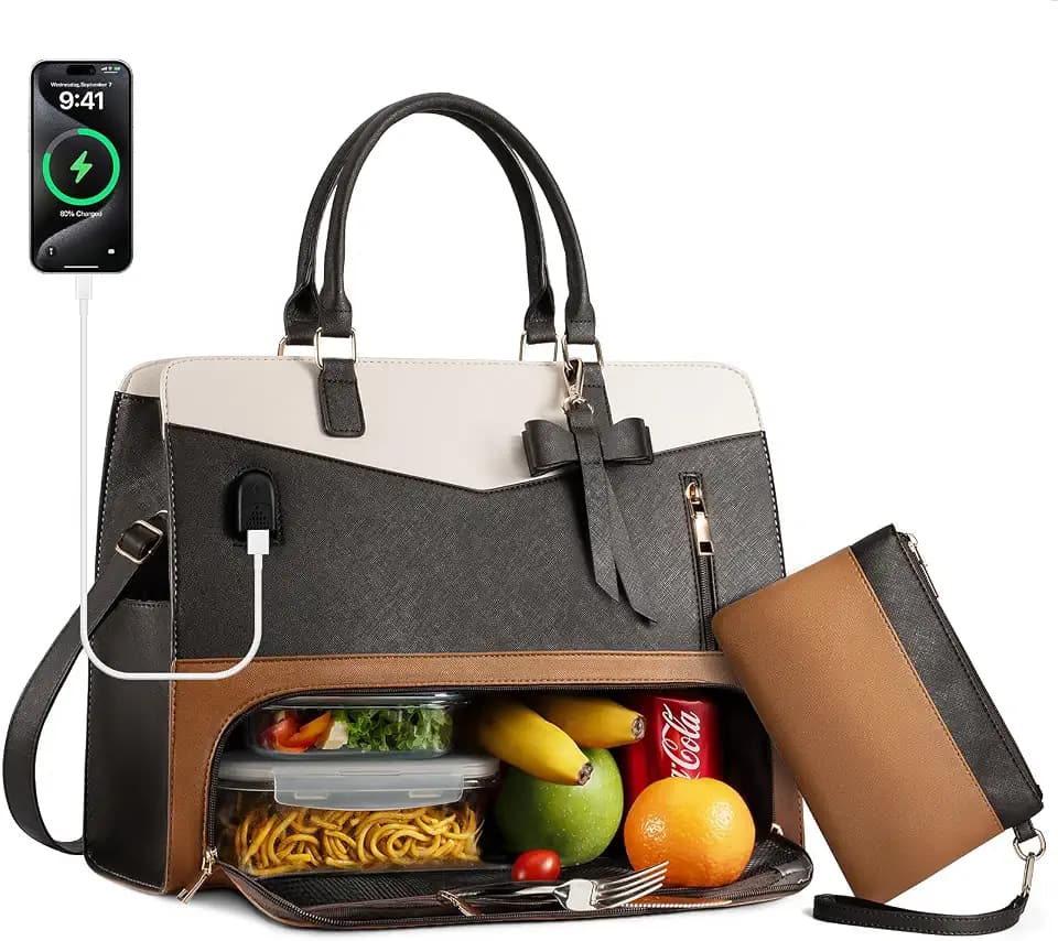 Tiostep Lunch Tote Bag for Women 2 in 1 Laptop Work Bag with Lunch Insulated Compartment and Purse Combo Leather Crossbody Bag (Black Brown)