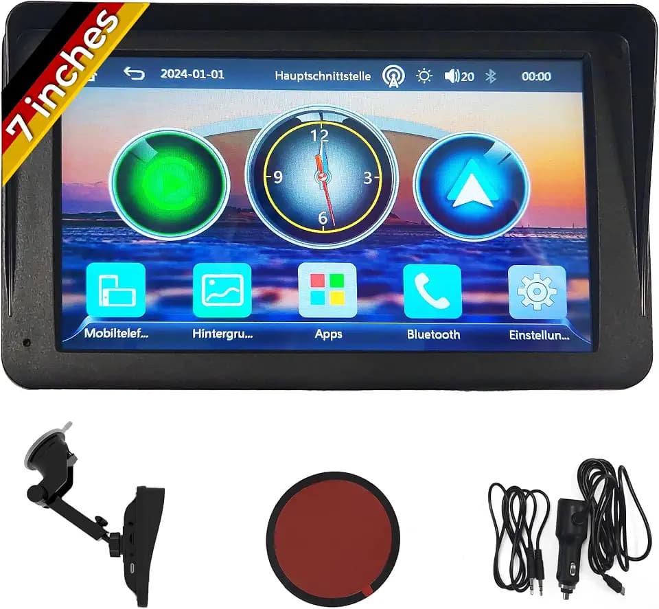 Technaxx Wireless Car Play & Android Auto Display 7" TX-320 mit Bluetooth 5.0, FM-Transmitter, AUX-Ausgang, eingebautem Lautsprecher, MicroSD-Steckplatz, Armaturenbrett-/Windschutzscheibenhalterung