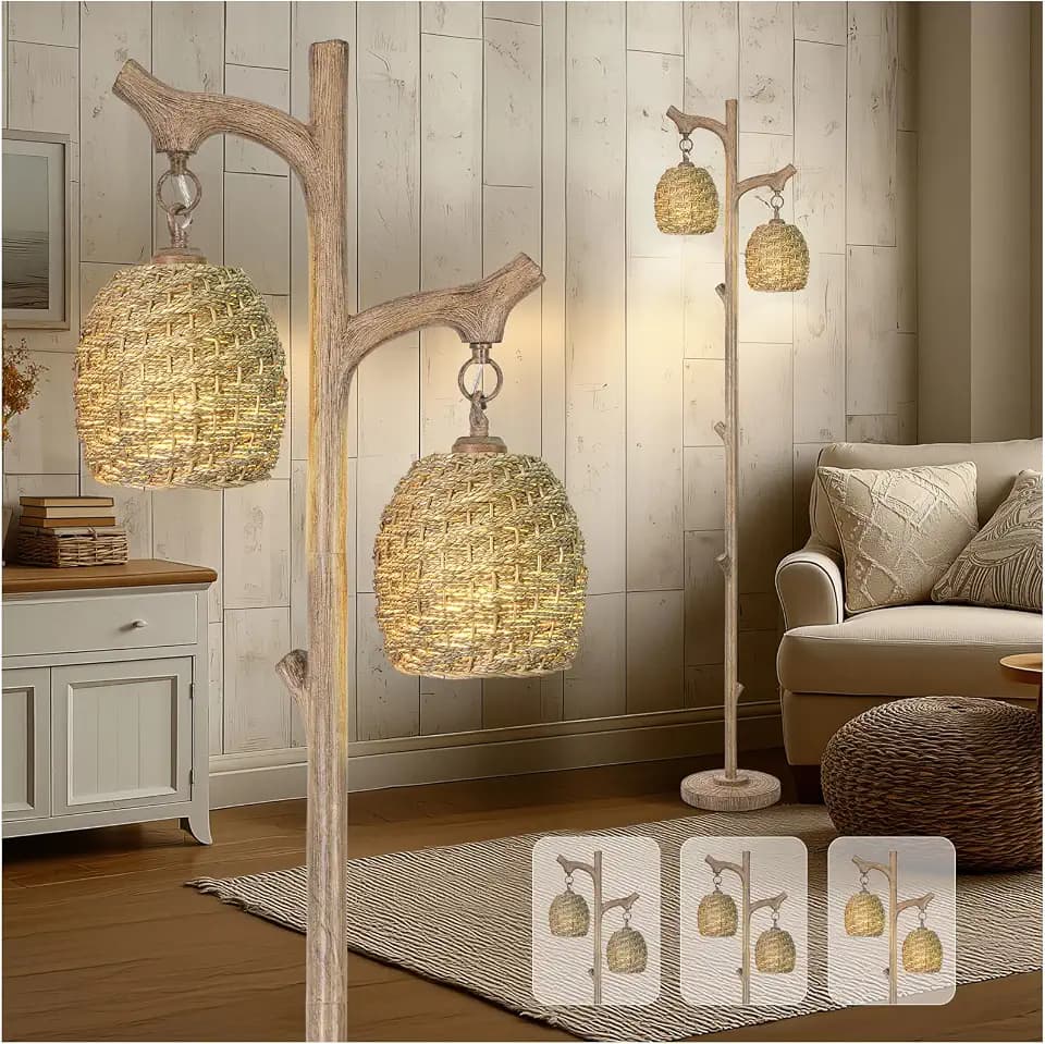Scenekoy Vintage 68” Tall Resin Floor Lamp with Straw Rope Woven Shade
