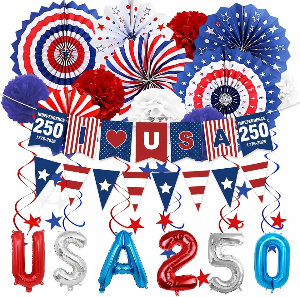 32PCS USA 250th Decorations Set,Patriotic Red White Blue Paper Fans for 4th of July,Memorial Day,Labor Day Indoor Outdoor Party