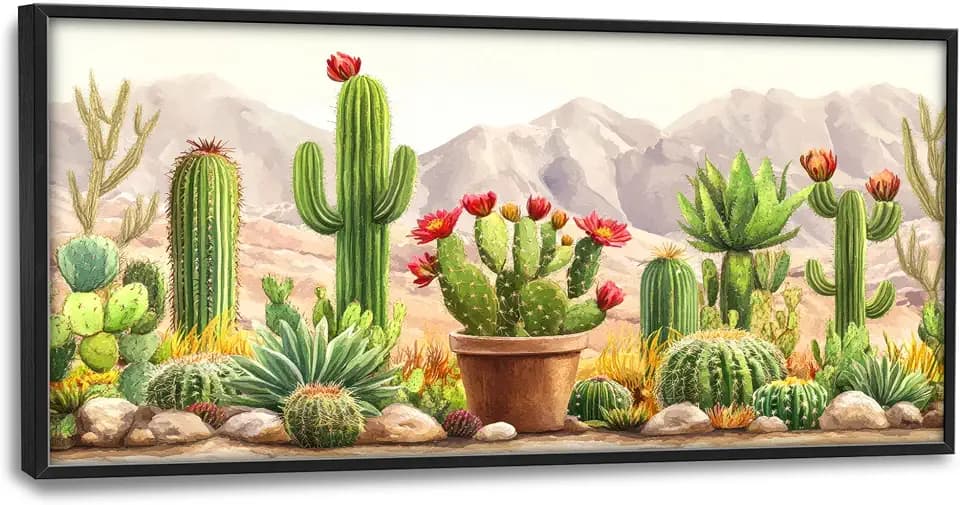 Western Cactus Succulents Large Decor Wall Art Framed Pictures for Living Room, Desert Landscape Oversized Canvas Print Painting Modern Extra Large Framed Artwork for Bedroom Office 60"x30"