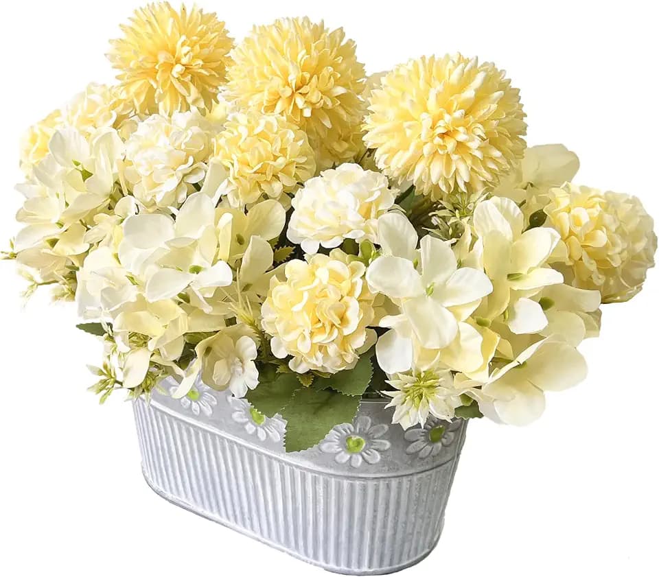 Artificial Flowers in Pot, Fake Silk Hydrangea Flower Arrangement Table Centerpiece for Home Decoration, Yellow