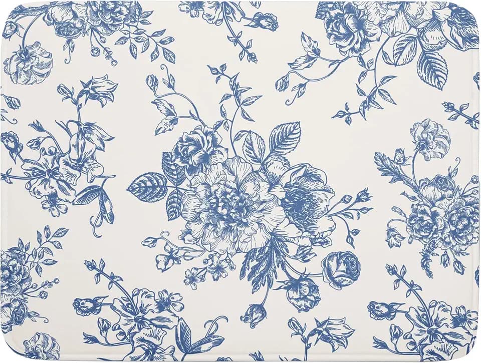 Vintage Blue Floral Dish Drying Mat for Kitchen Counter 18x24 Inch Chinoiserie Flowers Absorbent Reversible Microfiber Dish Pad Dish Drainer Rack Mats Countertops Protector Mat