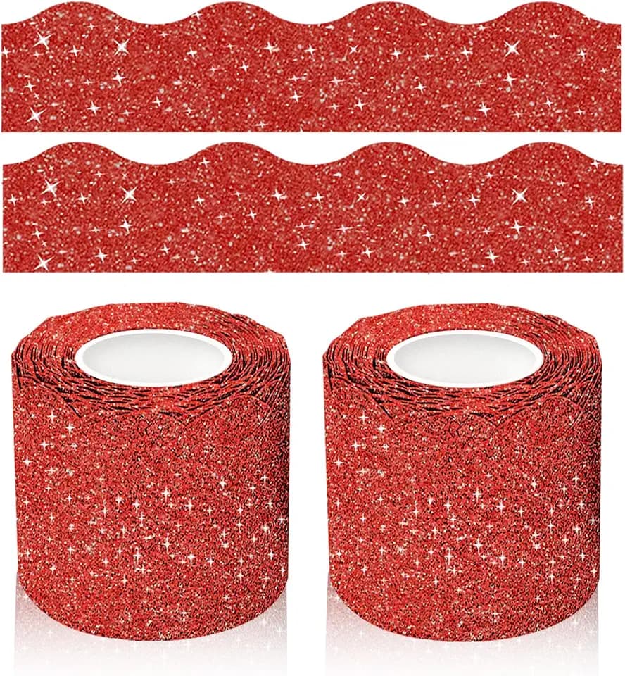 100Ft Scalloped Bulletin Board Border- 2 Rolls Shine Bulletin Board Border, Glitter Red Border Trim Decorative for Classroom, School, Office, Home