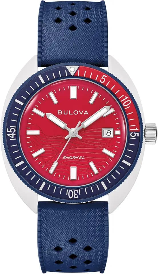 Bulova Men's Snorkel - America's 250th Sail 4th Special Edition: 41mm White Hybrid-Ceramic Case with a Blue Rubber Strap & Red Dial (Style: 98B474)