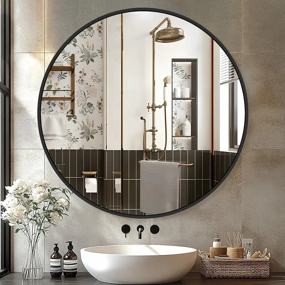 Delma 30 Inch Black Round Circle Mirror for Bathroom Wall, Metal Frame