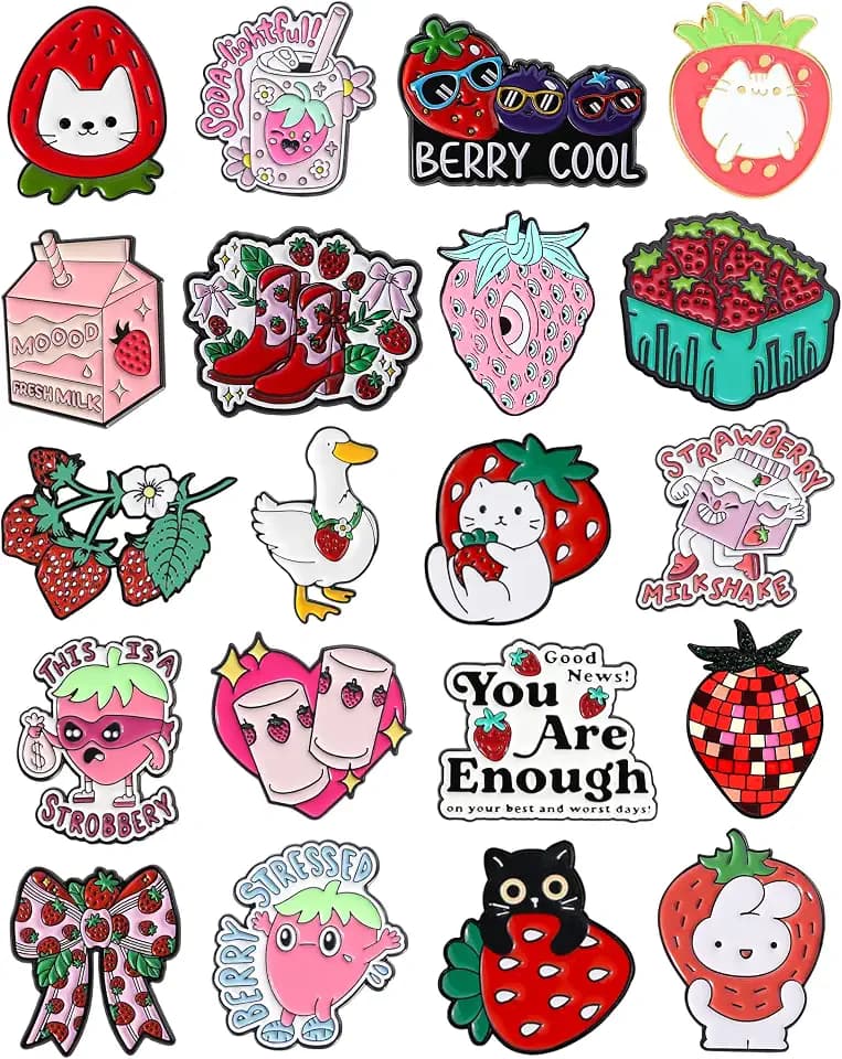 20pcs Strawberry Enamel Pins Bulk with Storage Bag Kawaii Funny Berry Lapel Pins for Backpacks Jackets Hats Cute Cartoon Fruit Strawberry Enamel Pins for Women Christmas Birthday Graduation Gifts Sweet Strawberry Theme Party Favors