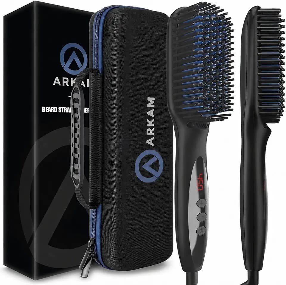 Arkam Beard Straightener for Men -Premium Heated Beard Brush Kit w/Anti-Scald Feature, Dual Action Hair Comb and Hard Shell Travel Case for Medium to Long Beards - Costume and Grooming Gifts for Men