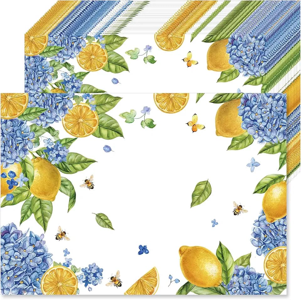 50 Pcs Hydrangea Lemon Paper Placemats, 11x16 Inch Blue Floral Fruits Disposable Placemats Spring Chinoiserie Table Mats for Wedding Baby Shower Birthday Party Kitchen Decoration
