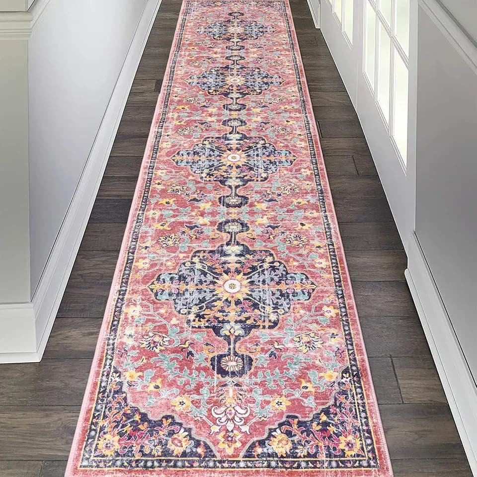 Pauwer Hallway Runner Rug 2x10, Washable Boho Kitchen Runner, Fuchsia Multi
