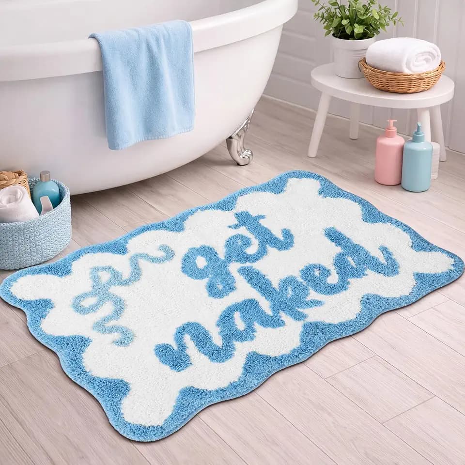 Boao Get Naked Scalloped Bath Mat Blue White Bow Bathroom Rug 20 x 32 Inch