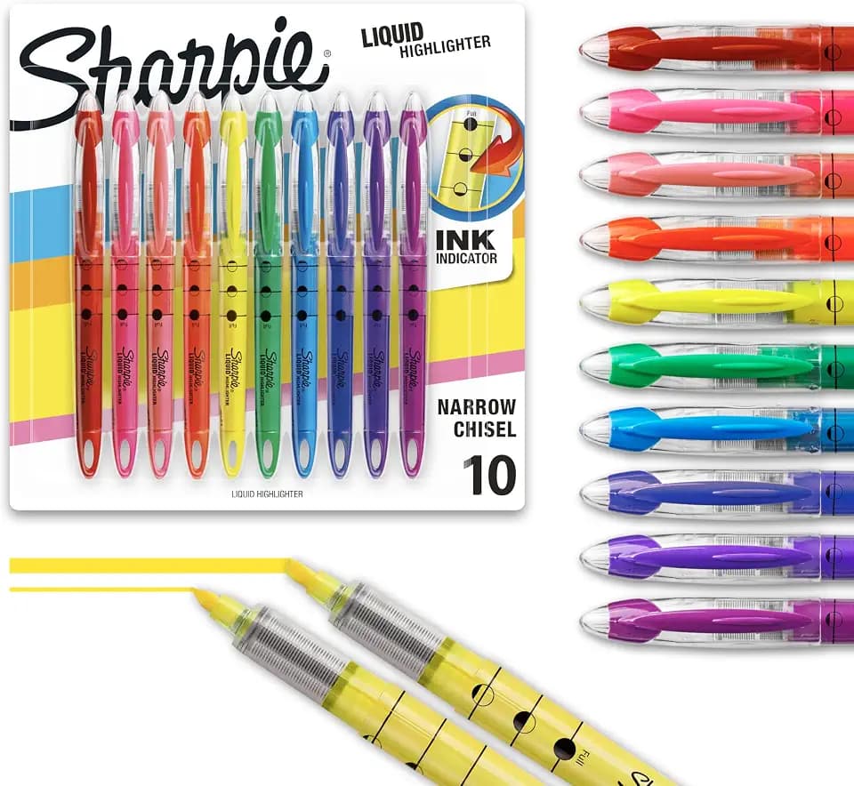 Sharpie Liquid Highlighters, Chisel Tip, Assorted Colors, 10 Count - Journaling, School, Study Supplies