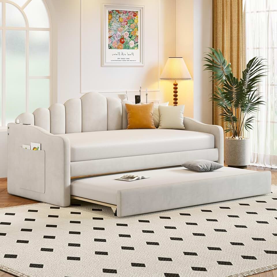 Merax Twin Daybed with Trundle, Velvet Upholstered Sofa Bed Frame with USB Ports, Pull-Out Guest Bed for Small Spaces with Storage Pockets, No Box Spring Required, Beige