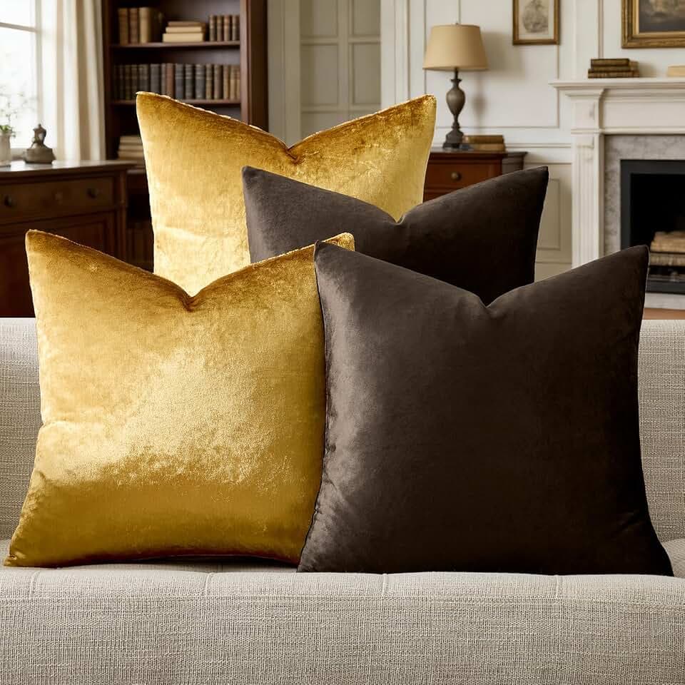 GIGIZAZA Pack of 4 Decorative Velvet Pillow Covers 16x16 Brown Gold