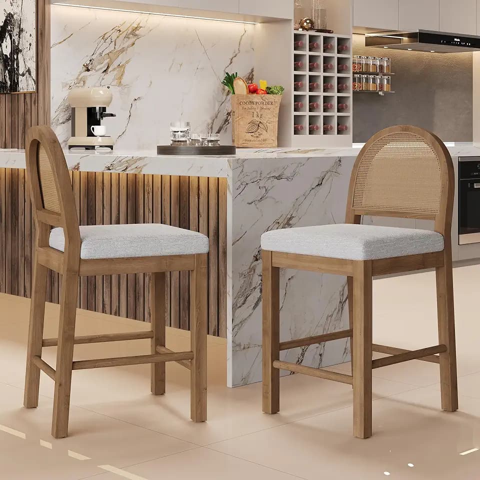 Merax Rustic Wood Bar Stools Set of 2 with Rattan Back & Upholstered Seat