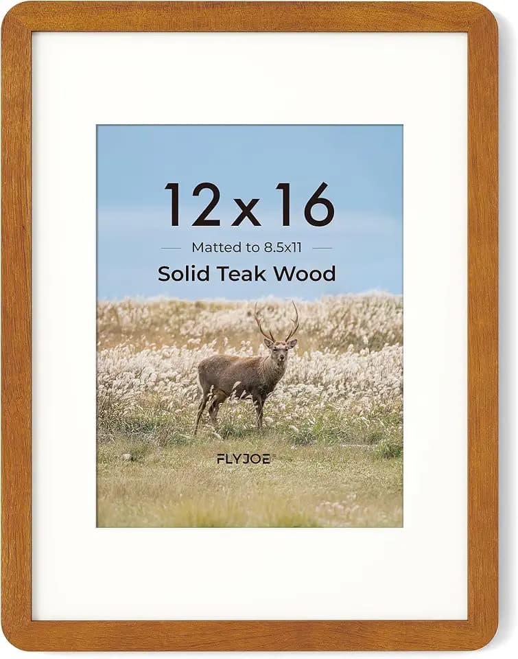 FLYJOE 12x16 Picture Frame - Solid Teak Wood 12x16 Poster Frame, 12''x16'' Picture Frame With Mat For 8.5x11, Tempered Glass and Hanging Hardware Included, 16 By 12 Frame Wood, Natural Teak