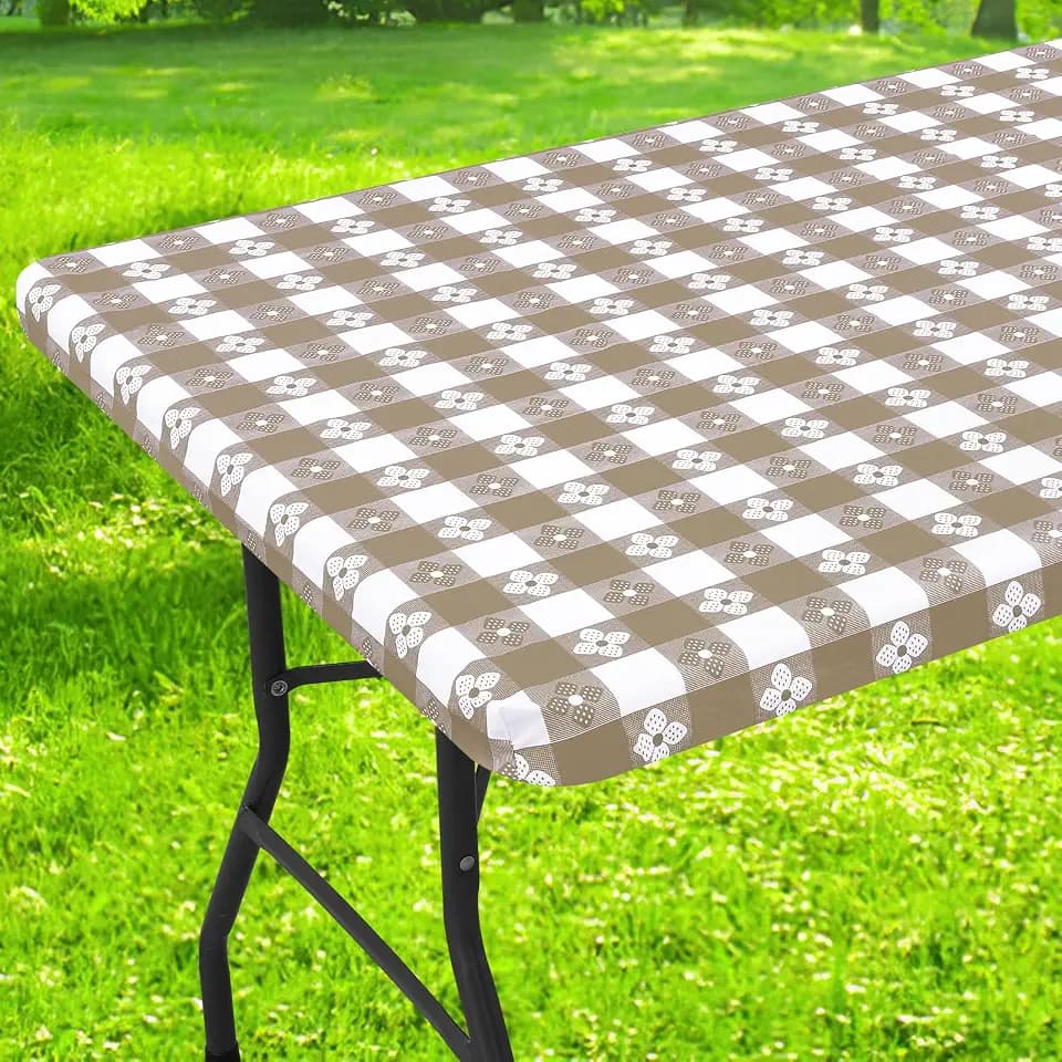 Rectangle Vinyl Table Cloth, Waterproof Elastic Fitted Tablecloth with Flannel Backing, Plastic Table Cover for Picnic, Camping, Outdoor (Khaki & White, 30"x60")