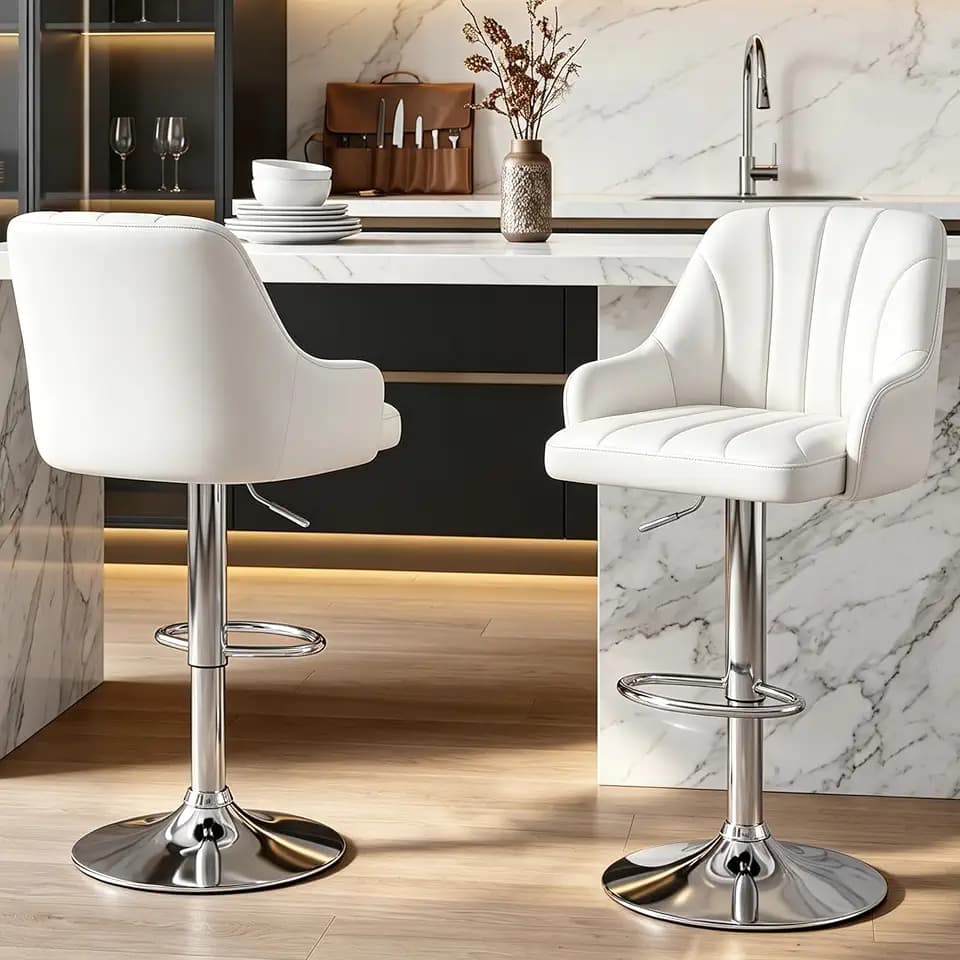 VECELO Bar Stools Set of 2, Adjustable Barstools, Counter Height Stools with Back and Arm, Kitchen Island Stools, Swivel PU Leather Stools, Modern Style, White
