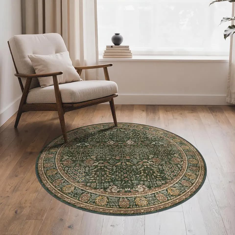 Bavni 3ft Round Area Rug 3x3, Washable Non Slip, Dark Green Brown