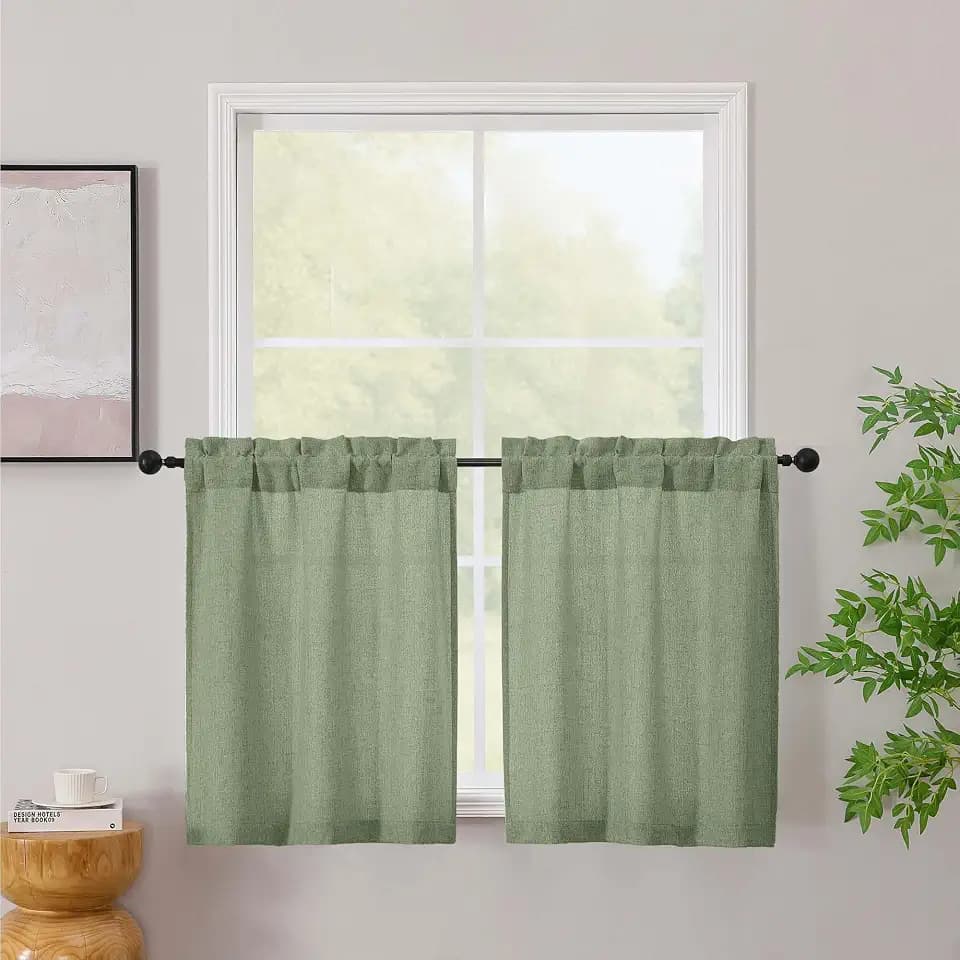 Simplebrand Green Kitchen Window Curtains Tier 30 Inch Length 2 Panels, Faux Linen Textured Light Filtering Semi Small Cafe Curtains, Farmhouse Rustic Window Treatments Toppers for Bathroom Basement