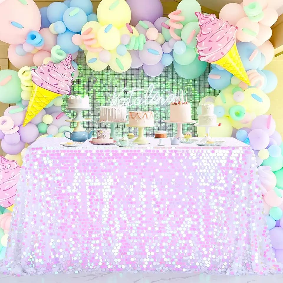 LuoluoHouse Table Cloth Sequin Fabric: 50x106 Inch Iridescent Payette Sequin for Mermaid Birthday Valentine's Day Party Decorations