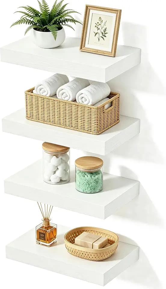 White Floating Shelves for Bathroom, 12 Inch Wooden Shelf Set of 4