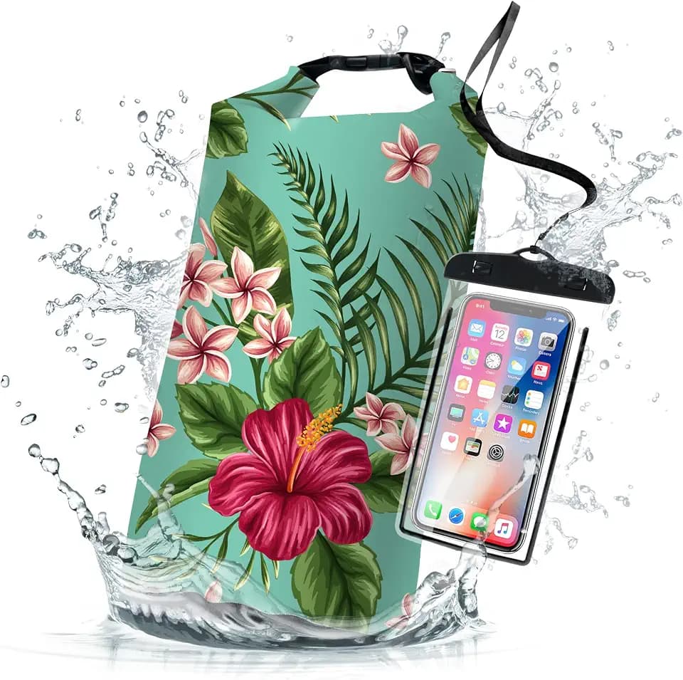 10L Waterproof Dry Bag, Tropical Summer Watercolor Hibiscus Backpack