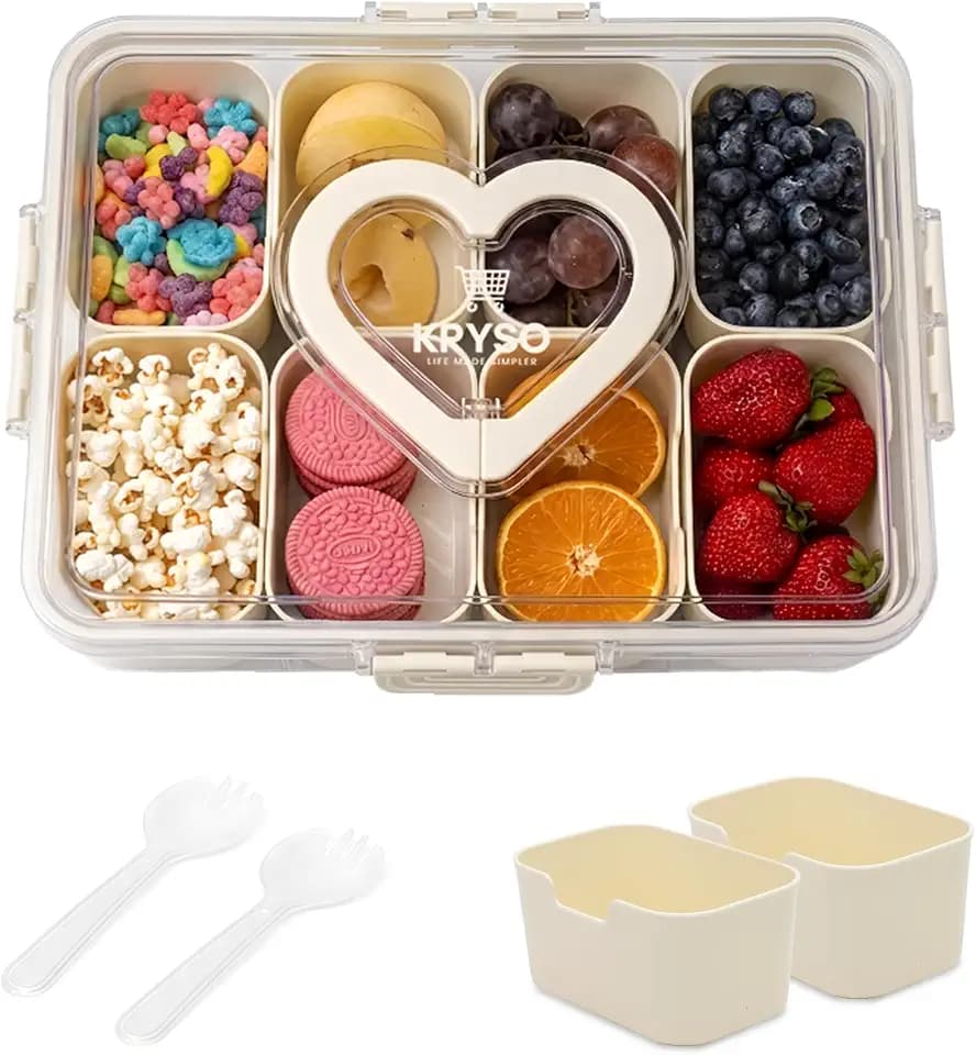 KRYSO 8-in-1 Snackle Box with Lid & Handle, Divided Serving Dishes Trays & Platters– Leak-Proof Portable Food Organizer Box with Silicone Seal & Removable Sections for Parties Travel & Everyday Use