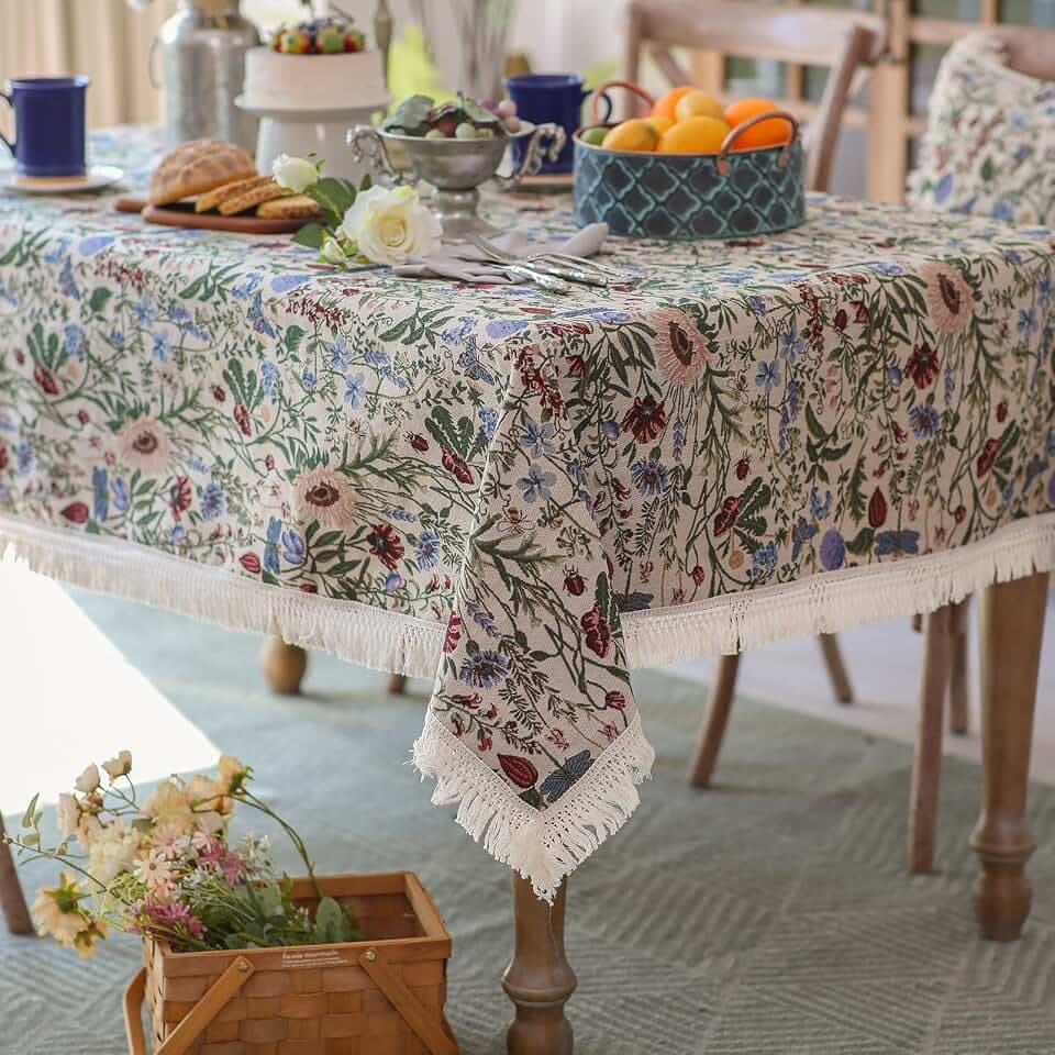 SUTAVIA Tablecloth 60"x104" Rectangular Wild Floral Fabric Cotton Tassel