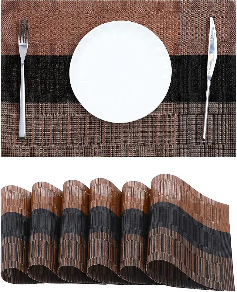 Brown with Black Striped Placemats Set of 6 - Heat Resistant Non-Slip Place mats for Dining Table, Washable Durable PVC Vinyl Woven Table Mats(Brown Stripe, 6)