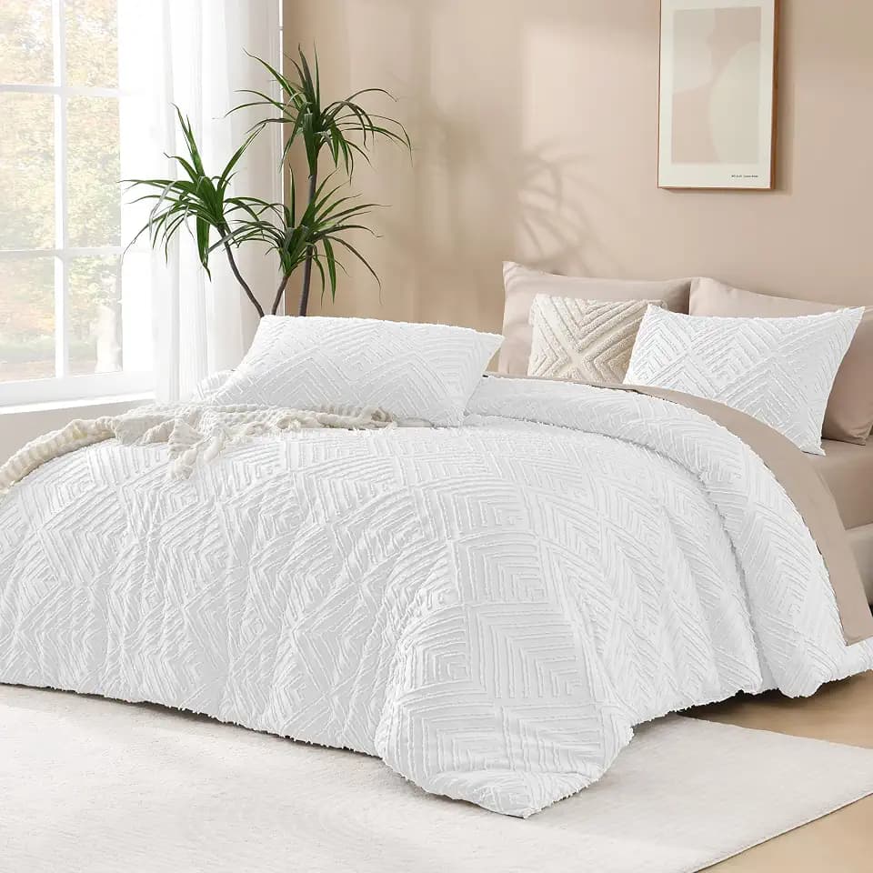 Andency White Super King Comforter, 3 Pieces Boho Bedding Set