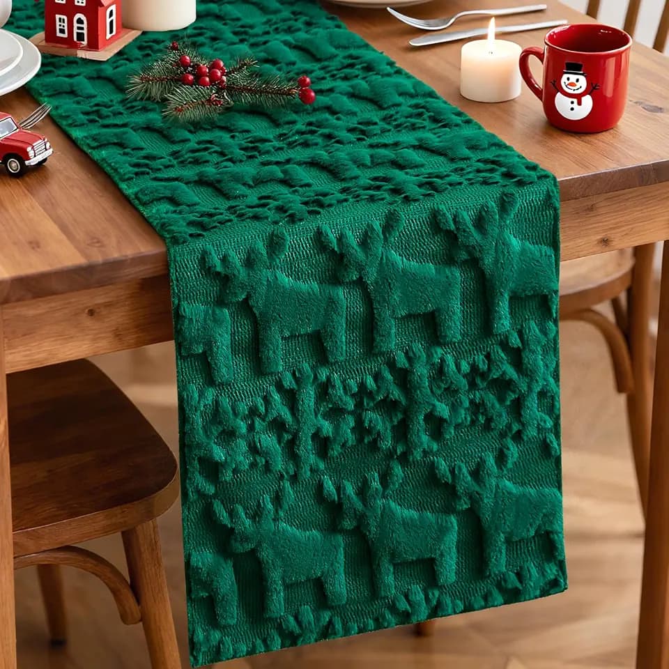 OTOSTAR Snowflake and Christmas Elk Soft Plush Faux Fur Jacquard Xmas Table Runner, Seasonal Holiday Dining Table Decoration for Home Party Decor 13x72 Inch (Green)
