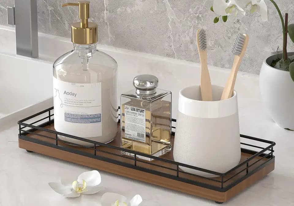 Wooden Decorative Tray, Oak 11.2" L Coffee Table Tray for Kitchen Countertop Soap Sponge Holder Candle Nightstand Table Centerpieces for Dining Room Decor Walnut