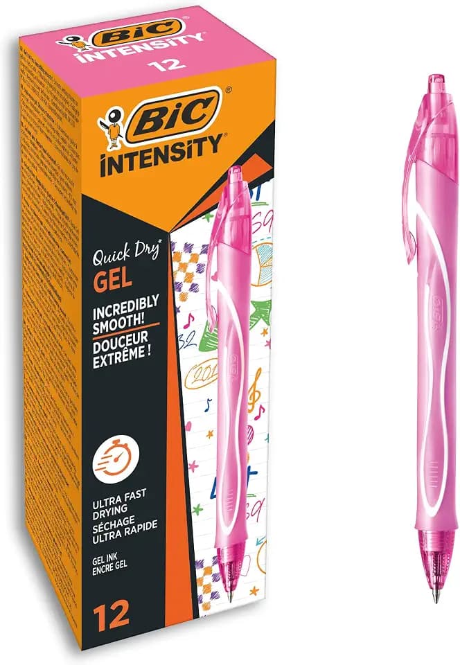 BIC Gel-ocity Quick Dry Gel Pens, Medium Point (0.7 mm), Pink, Box of 12, Retractable Pen with Ultra Fast Drying Ink