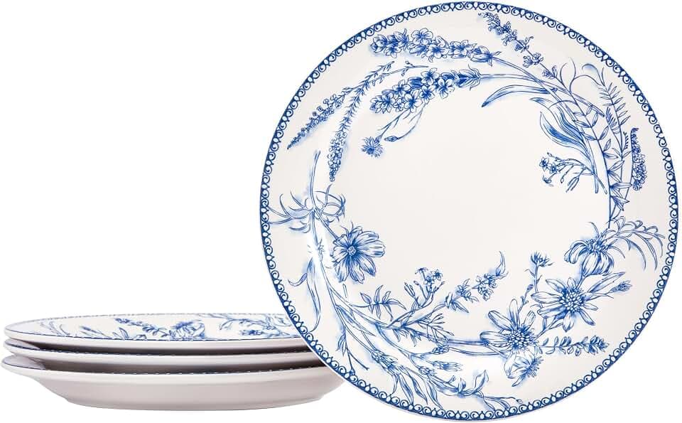 Bico Blue Garden Toile De Jouy Salad Plates Set of 4, 8.75 Inch Ceramic Dessert Plates for Salad, Appetizer, Side Dishes, Microwave and Dishwasher Safe, Gift for Housewarming and Thanksgiving