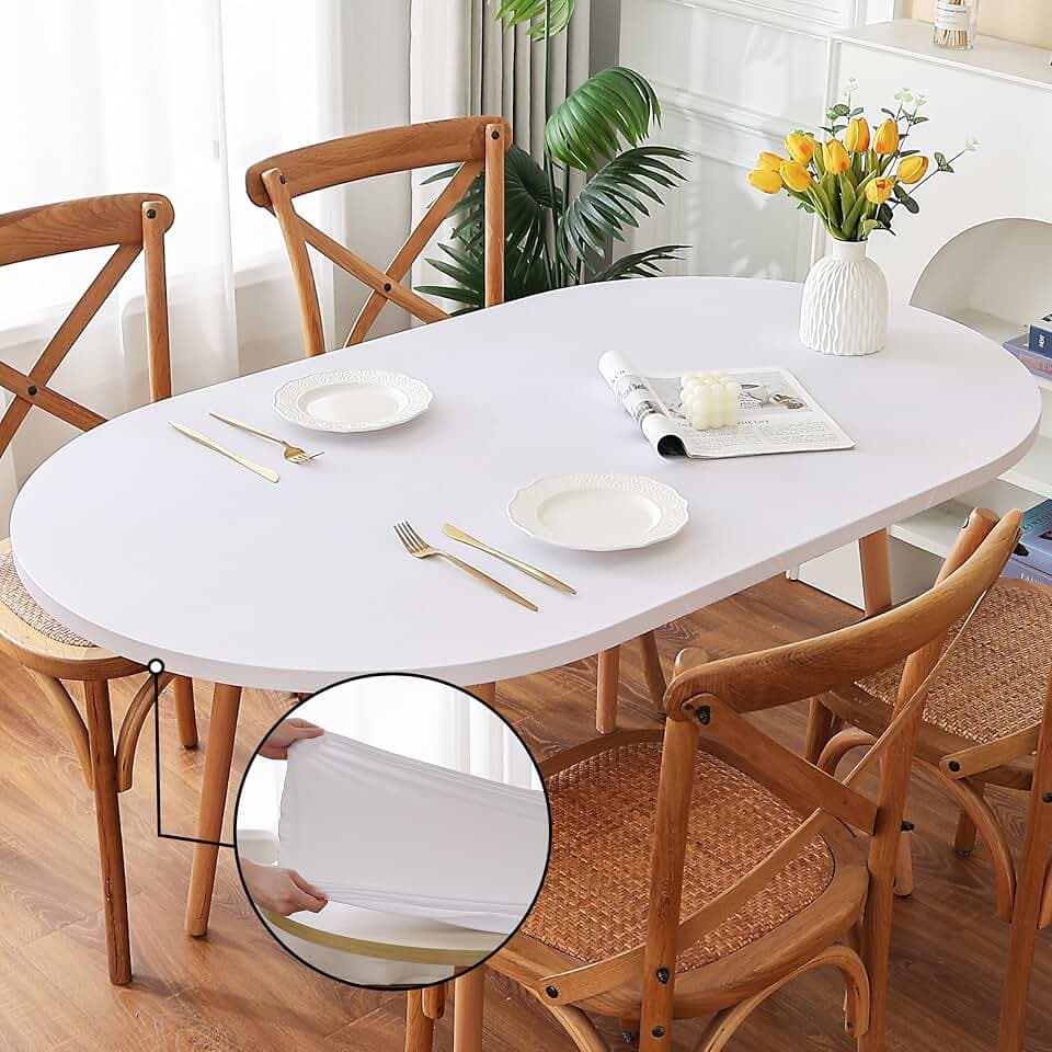 Fitted Spandex Oval Tablecloth, Soft Skin Friendly Non Pilling Breathable Fabric Table Cover with Elastic Band for Dining Gathering Party Banquet Decoration 48 x 72 Inch White