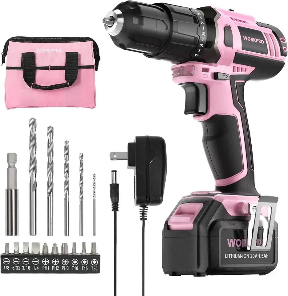 WORKPRO 20V Cordless Drill Driver Set, Pink, 3/8" Keyless Chuck