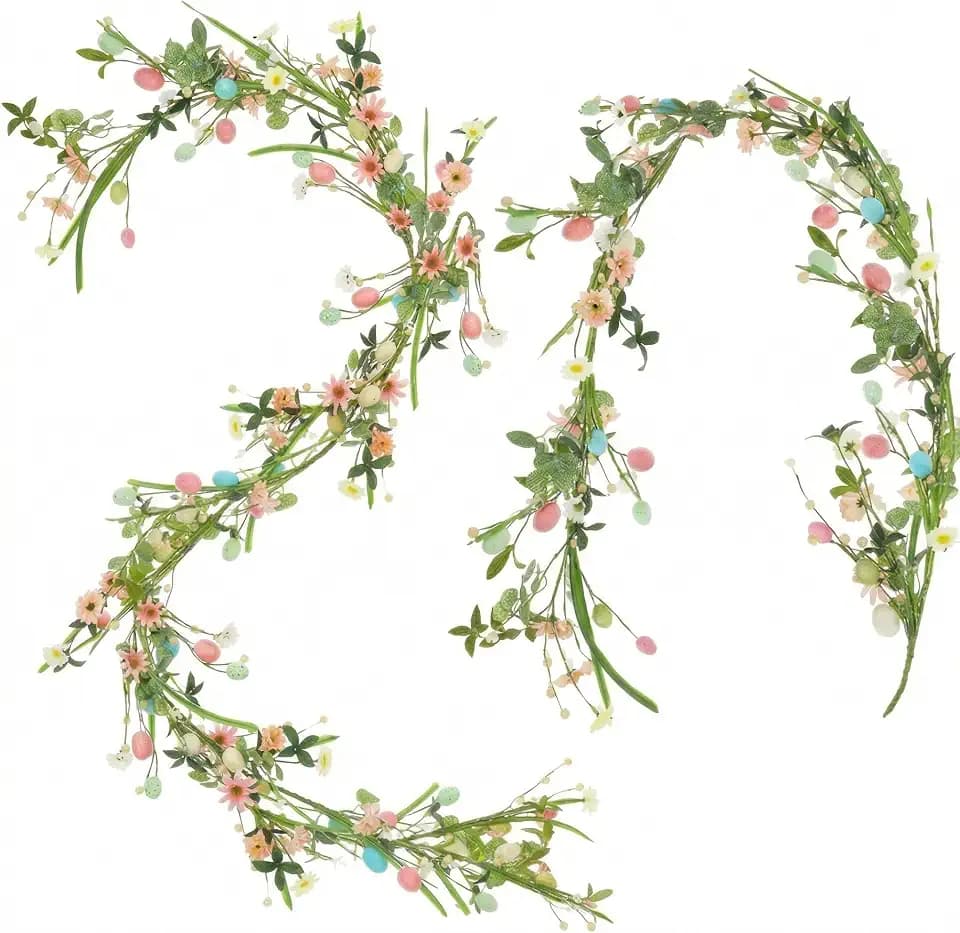 2Pc 6FT Easter Garland Artificial Spring Egg Garland Pastel Easter Mixed Berry Flower Eucalyptus Hanging Vine String for Rustic Mantle Porch Home Table Wall Window Decoration Tree Wreath Making
