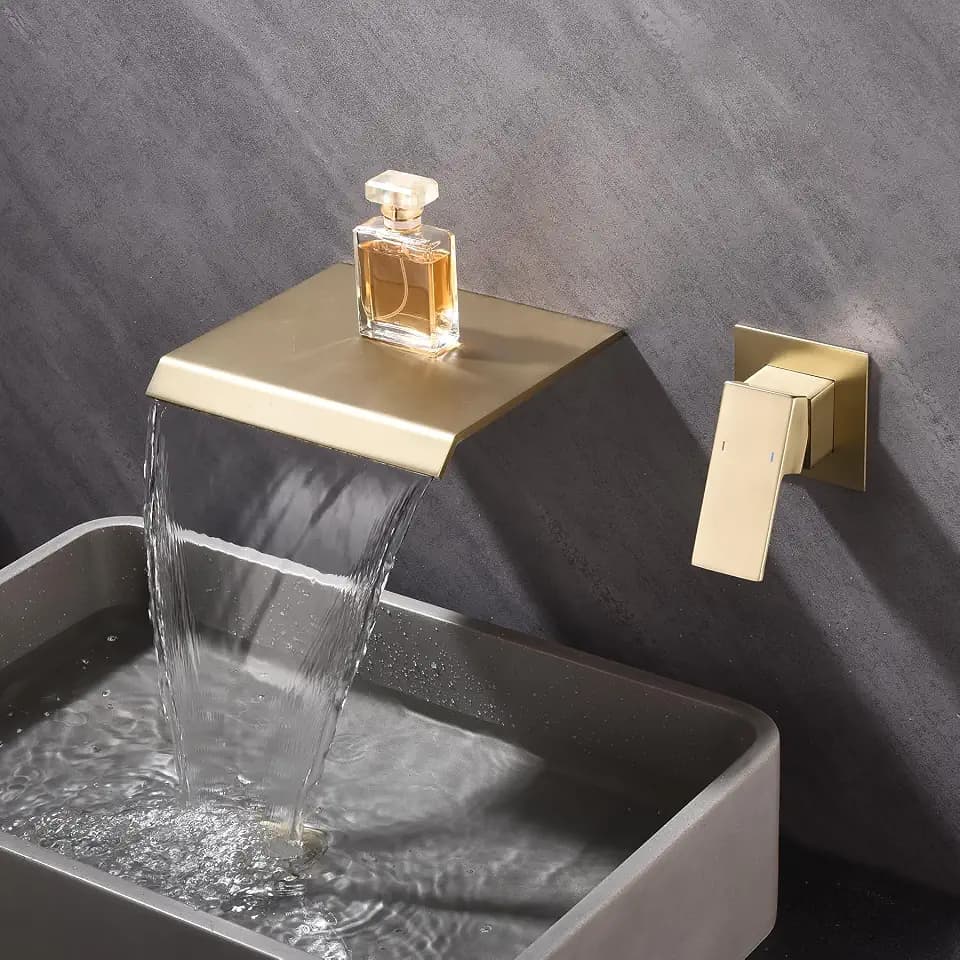 Waterfall Wall Mount Tub Faucet Bathroom Bathtub Faucet Sink Faucet Single Handle Tub Filler Rough-in Valve Included Brushed Gold Modern Basin Mixer Tap