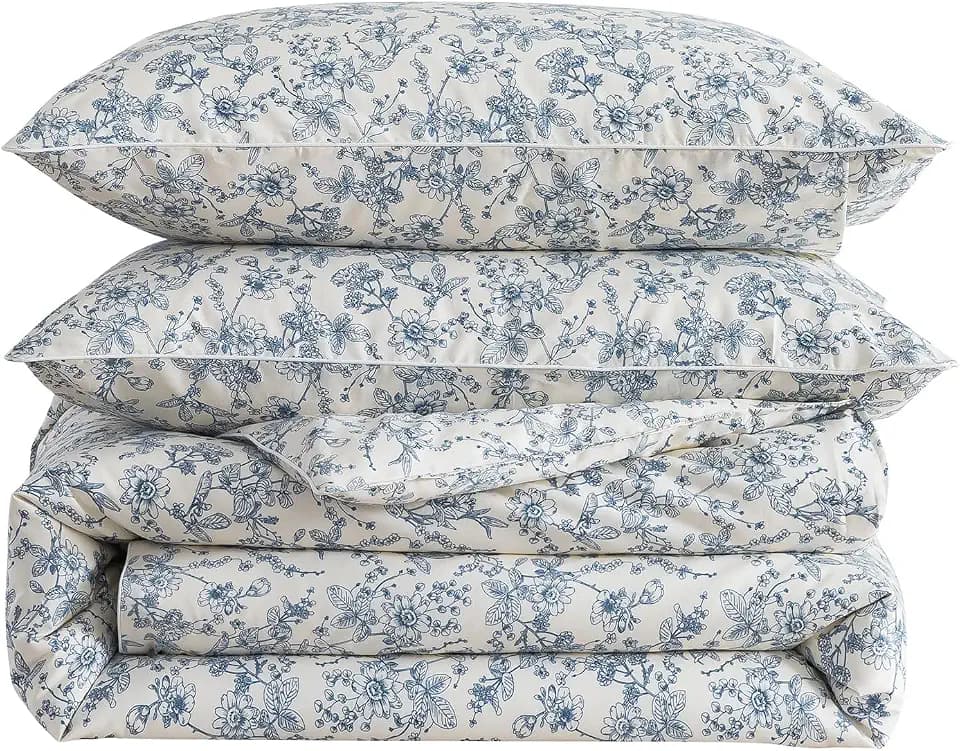 Vintage Blue Floral Duvet Cover Set King Size, 100% Cotton Percale
