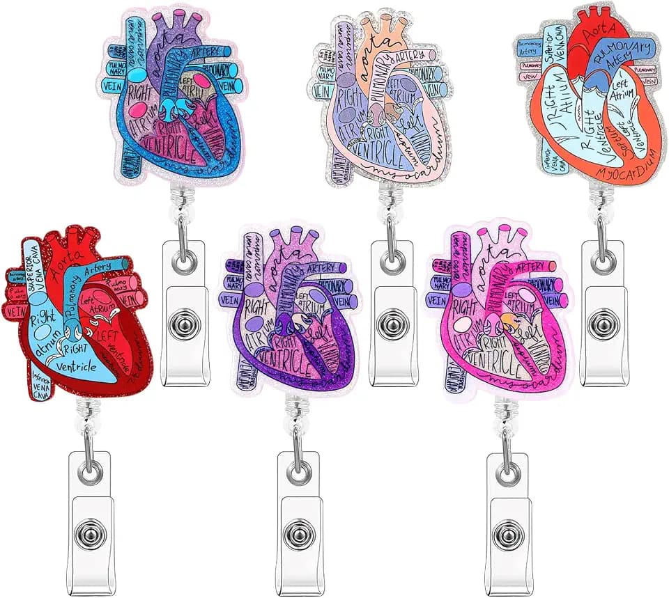 6Pcs Cardiac Badge Holder Heart Retractable Reel ID Card Clip