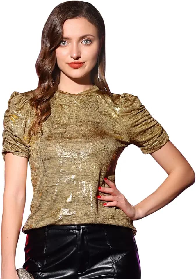 Allegra K Women Metallic Glitter Party Disco Round Neck Top