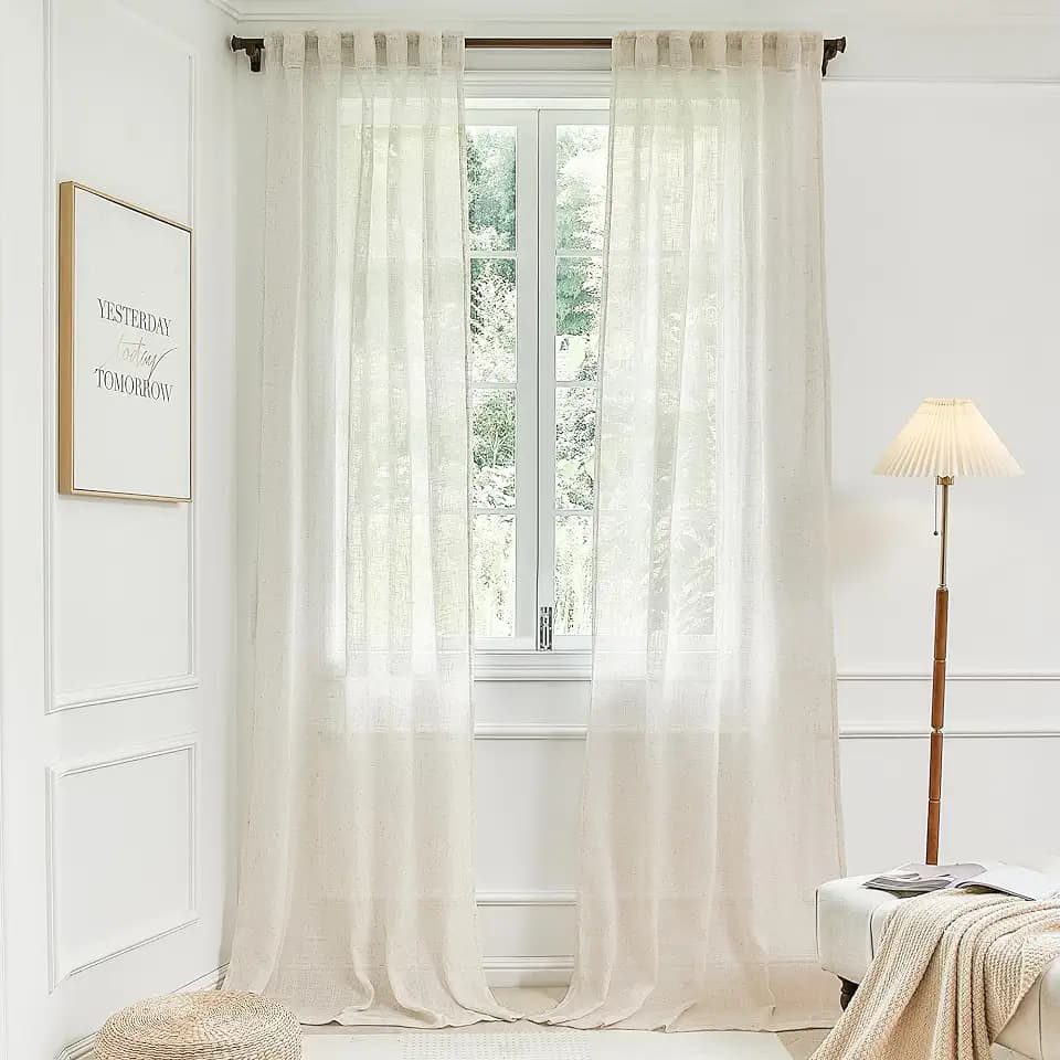 DUALIFE 2 Panel Set Beige Linen Sheer Curtains 96 Inches Long for Sliding Glass Door Living Room Bedroom Window Treatments Drapes,Off White Ivory Cream,8 FT 42x96 Length, Natural