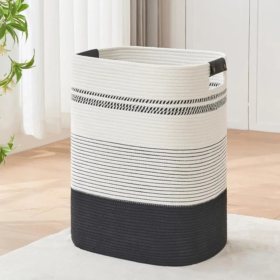 AINUOQI Laundry Basket with Handles - Blanket Basket & Hampers for Bedroom Aesthetic, Laundry Hamper & Blanket Storage for Living Room, Clothes Hamper, Tall, Large 17" x 14" x 22”, Black & White