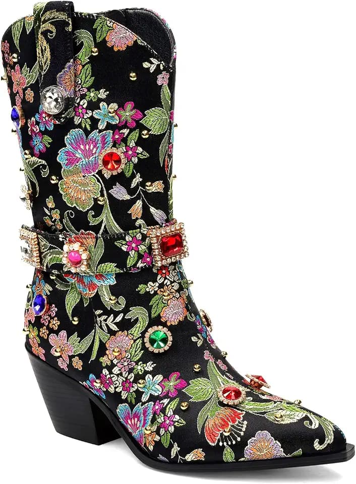 LOCERICH Women Rhinestone Cowboy Sparkly Cowgirl Boots Diamond Western Floral Embroidery Mid Calf Booties