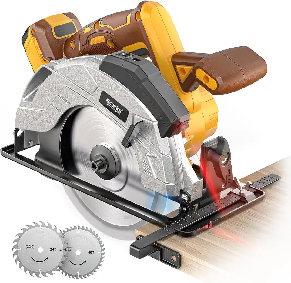 Ecarke 7-1/4" Cordless Circular Saw, Compatible with DeWalt 20V Battery, 5000 RPM Electric Circular Saw with Laser Guide, 2 Blades (24T & 40T), 0–45° Bevel, 2-1/4" Cutting Depth (Tool Only)