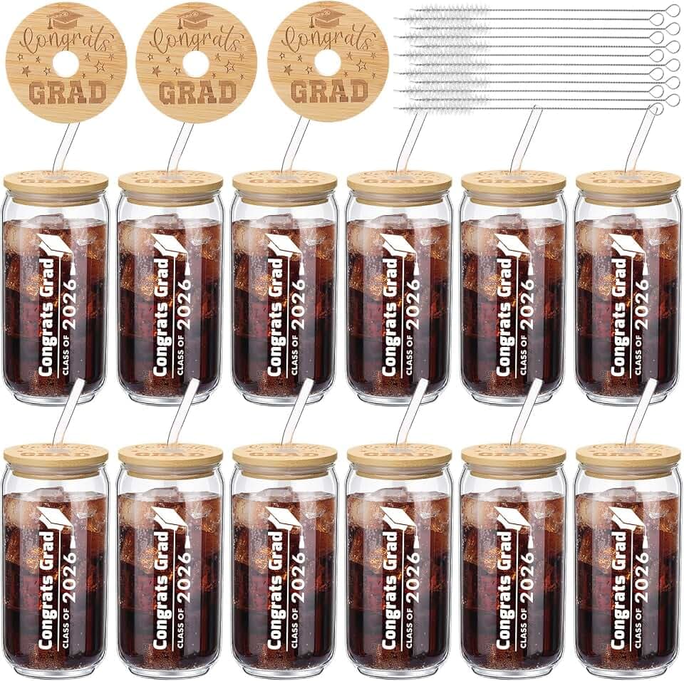 Tioncy 12 Pcs Class of 2026 Graduation Glass Cup Bulk with Lids and Straws 16oz Drinking Graduation Gifts 2026 Congrats Grad Tumbler Gift for Him Her, Graduate Party Drinkware
