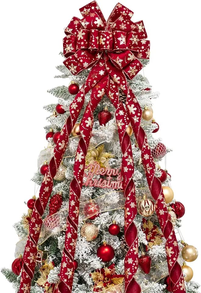 Hismir Large Velvet Christmas Tree Topper Bow,Red & Gold 53x13 Inches